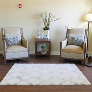 A cozy living room setup with two chairs, a small table, and a white rug.