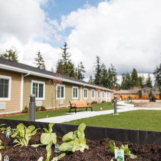 A landscaped community housing area with a garden and outdoor seating.