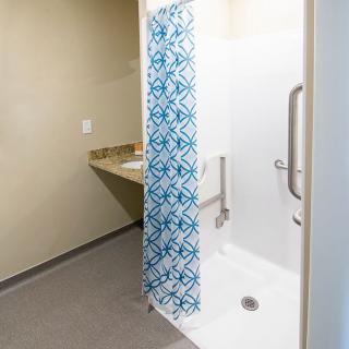 Accessible bathroom with blue patterned shower curtain and handrails.