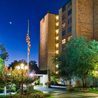 A hotel building illuminated at night with a flag and surrounding trees.