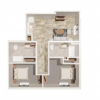 A 3D rendered floor plan of an apartment featuring multiple rooms, including bedrooms, a living area, and bathrooms.