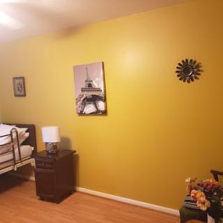 A cozy bedroom with a vibrant yellow wall, featuring stylish decor and furniture.