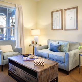 A cozy living room with a sofa, armchair, and a wooden coffee table, adorned with decorative pillows and artwork.