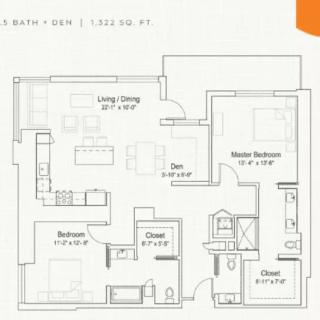 A detailed floor plan of a two-bedroom apartment with dimensions.