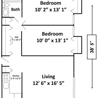 This image shows a floor plan of a two-bedroom apartment with a living room, kitchen, and bathroom.