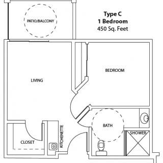A floor plan of a Type C one-bedroom apartment, covering 450 square feet.