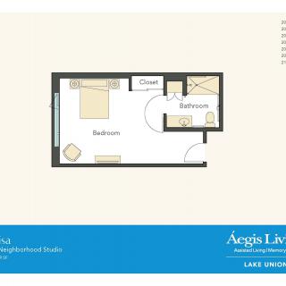 A studio apartment floor plan with a bedroom, bathroom, and closet.