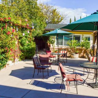 A sunny outdoor patio with tables, chairs, and umbrellas surrounded by greenery.