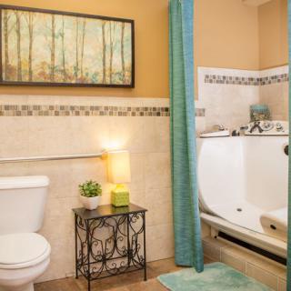 A cozy bathroom featuring a toilet, walk-in tub with curtain, and elegant decor.