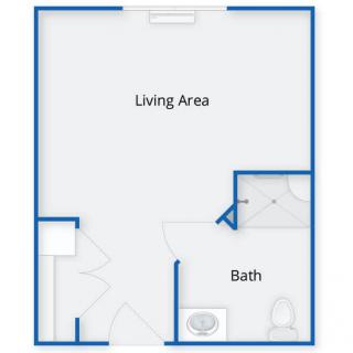 A floor plan layout of a studio apartment featuring a living area and a bathroom.