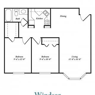 A floor plan of a two-bedroom apartment with a kitchen, dining area, and bathroom.