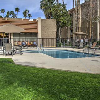 An outdoor swimming pool surrounded by patio furniture and palm trees near a residential building.