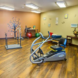 A small workout room featuring exercise equipment and a serene atmosphere.
