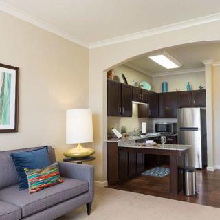 A modern open-concept living area with a cozy sofa and a kitchen equipped with stainless steel appliances.