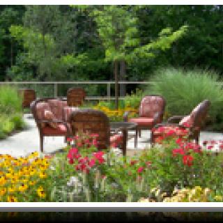 A serene garden with outdoor seating surrounded by vibrant flowers and lush greenery.