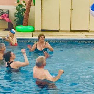 Adults enjoying a lively game in the swimming pool.