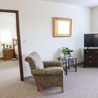 A cozy living room with an armchair, TV, and indoor plant.