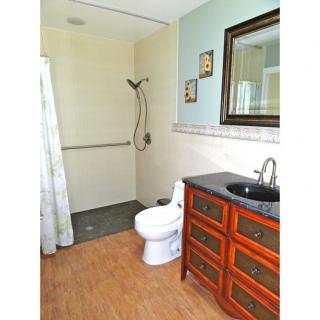 A modern bathroom with a shower, toilet, and a wooden vanity with a sink.
