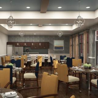 A modern restaurant dining area with elegant interior design.
