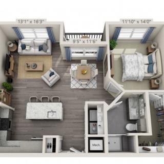 A modern one-bedroom apartment floor plan featuring a living room, kitchen, bedroom, and bathroom.