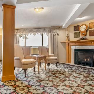 A cozy living room with a fireplace, featuring elegant chairs and a patterned carpet.
