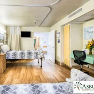 A clean and well-organized hospital room with two beds, a desk, and a television.