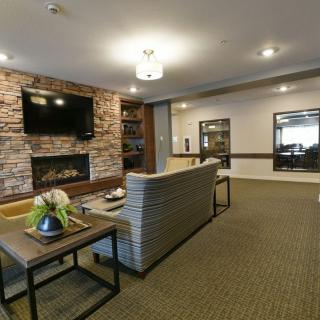 A cozy living room with a fireplace and modern furnishings.
