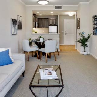 A modern apartment interior featuring a cozy living room with a coffee table, adjacent dining area, and an open kitchen.