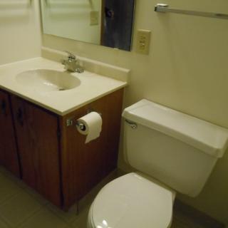 A simple bathroom with a sink, mirror, and toilet.