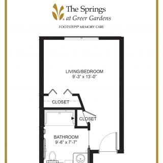 Studio apartment floor plan for The Springs at Greer Gardens.