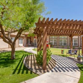 A sunny outdoor space featuring a wooden pergola and lush green lawn.