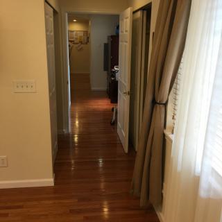 A well-lit hallway with wooden flooring and curtains.