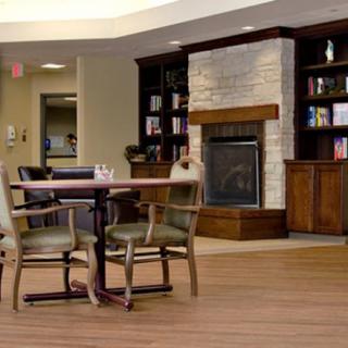 Cozy lounge area with a fireplace and bookshelves.