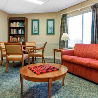 A cozy living room with a sofa, bookshelf, checkers board, and large window.