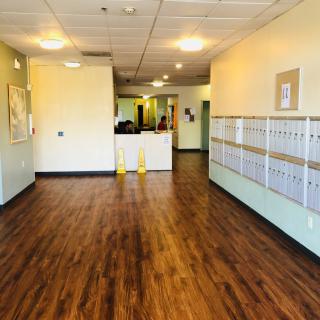 A hallway in an office building with wooden flooring, mailboxes on the right, and a reception area ahead.
