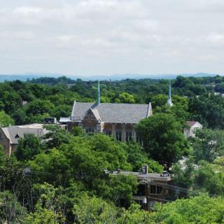 A serene view of a church surrounded by lush greenery.