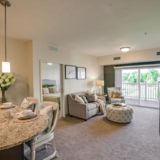 A spacious and elegantly designed living room with a dining area, featuring modern furniture and ample natural light.