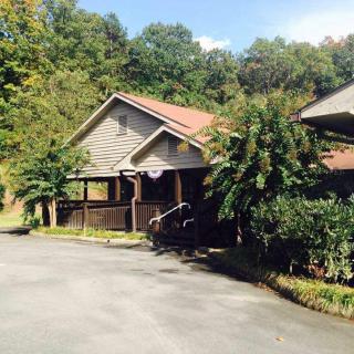 A quaint cabin nestled among lush greenery and trees.