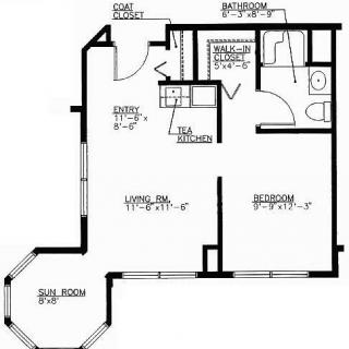A detailed floor plan of an apartment featuring a living room, bedroom, kitchen, bathroom, and dining area.