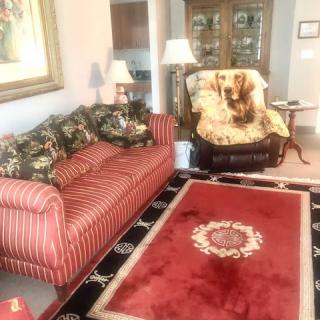 A cozy living room featuring a striped sofa, an armchair with a blanket, and a patterned rug.