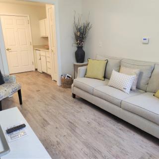 A cozy living room with a light-colored sofa and decorative cushions, featuring a vase on display and wooden flooring.