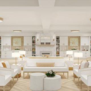 A luxurious and modern living room with a white color scheme, featuring elegant furniture and stylish lighting.