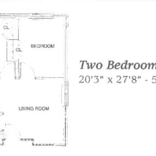 Floor plan for a two-bedroom apartment with dimensions.