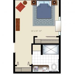 Floor plan of a studio apartment featuring a bedroom area and bathroom.