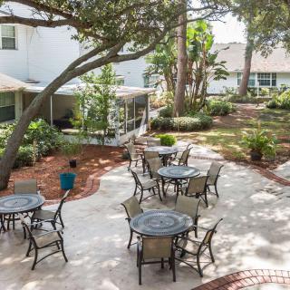 Outdoor patio area with tables and chairs surrounded by trees.