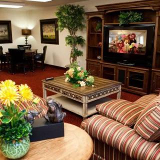 A cozy living room with a striped sofa, a coffee table adorned with flowers, and a large TV in the entertainment center.