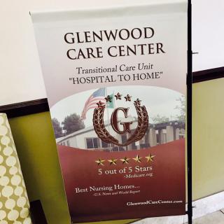 A promotional banner for Glenwood Care Center highlighting its 'Hospital to Home' transitional care services and 5-star rating.
