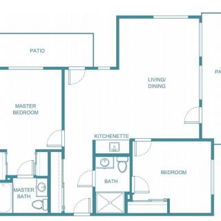Blueprint of a residential apartment layout with multiple rooms.