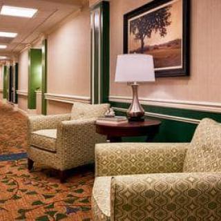 A cozy hotel lobby featuring comfortable armchairs, a lamp on a small table, and framed artwork along a carpeted hallway.