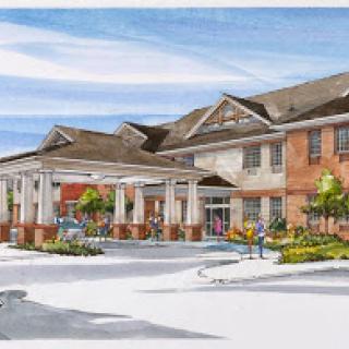 Conceptual illustration of a welcoming community center with a spacious front entrance and landscaped surroundings.